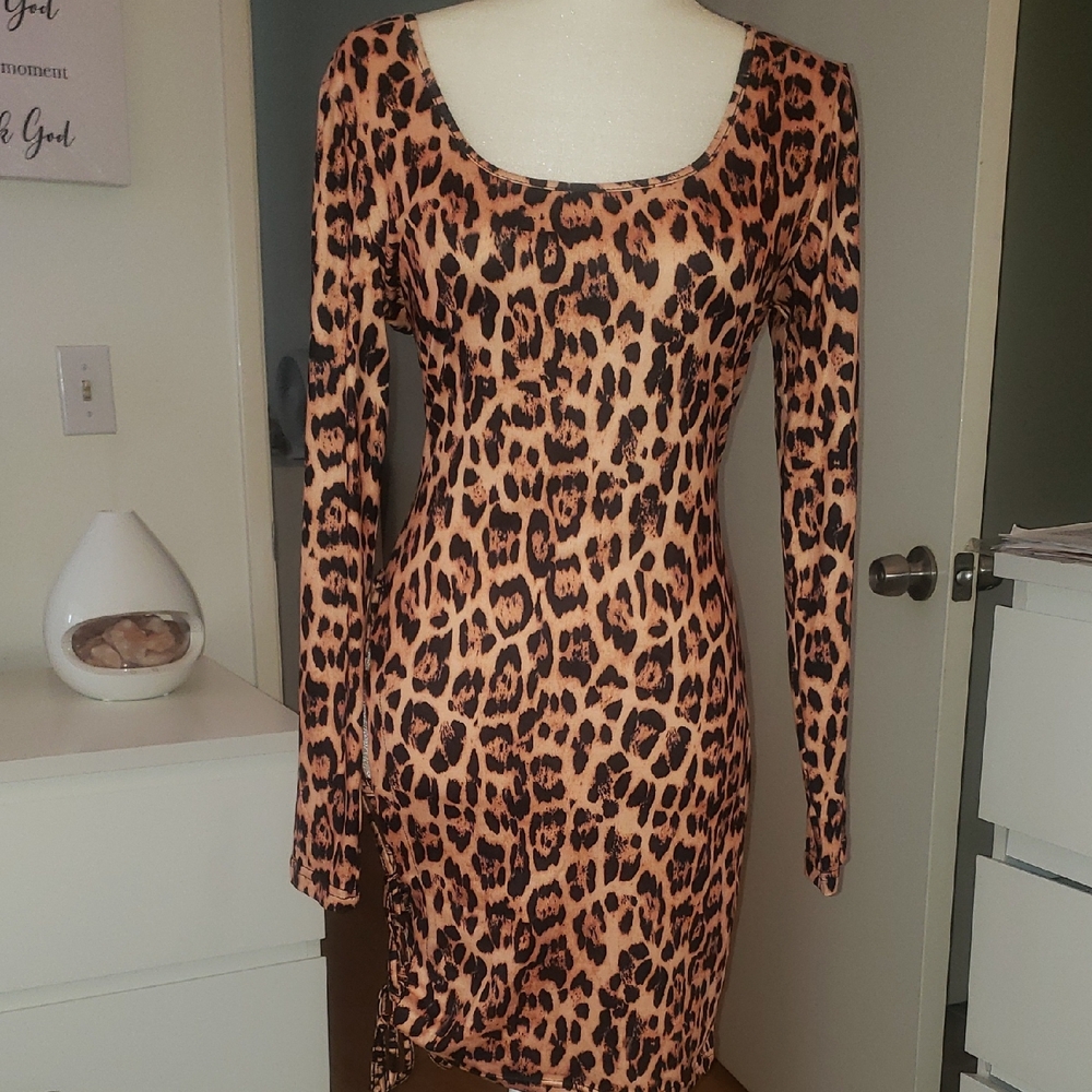 Brown and Tan Bodycon Long Sleeve Open Side  Dress